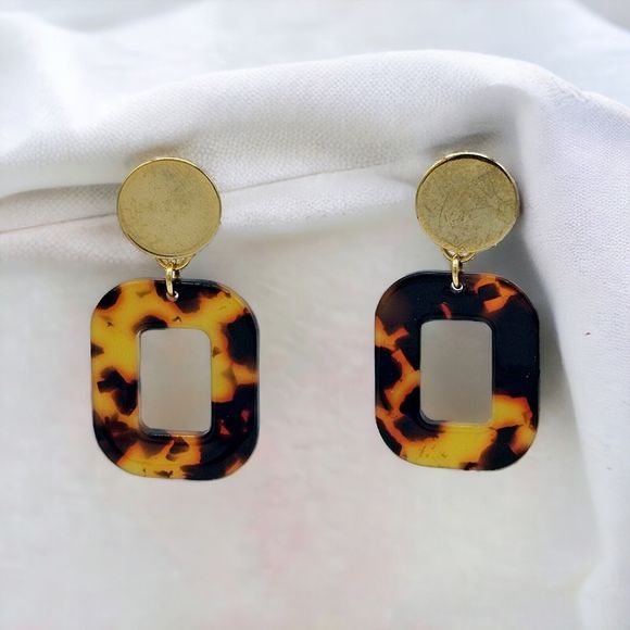 Tortoise Drop Earrings Vintage Dangle Open Rectangle Gold Tone Statement Jewelry - Picture 6 of 6